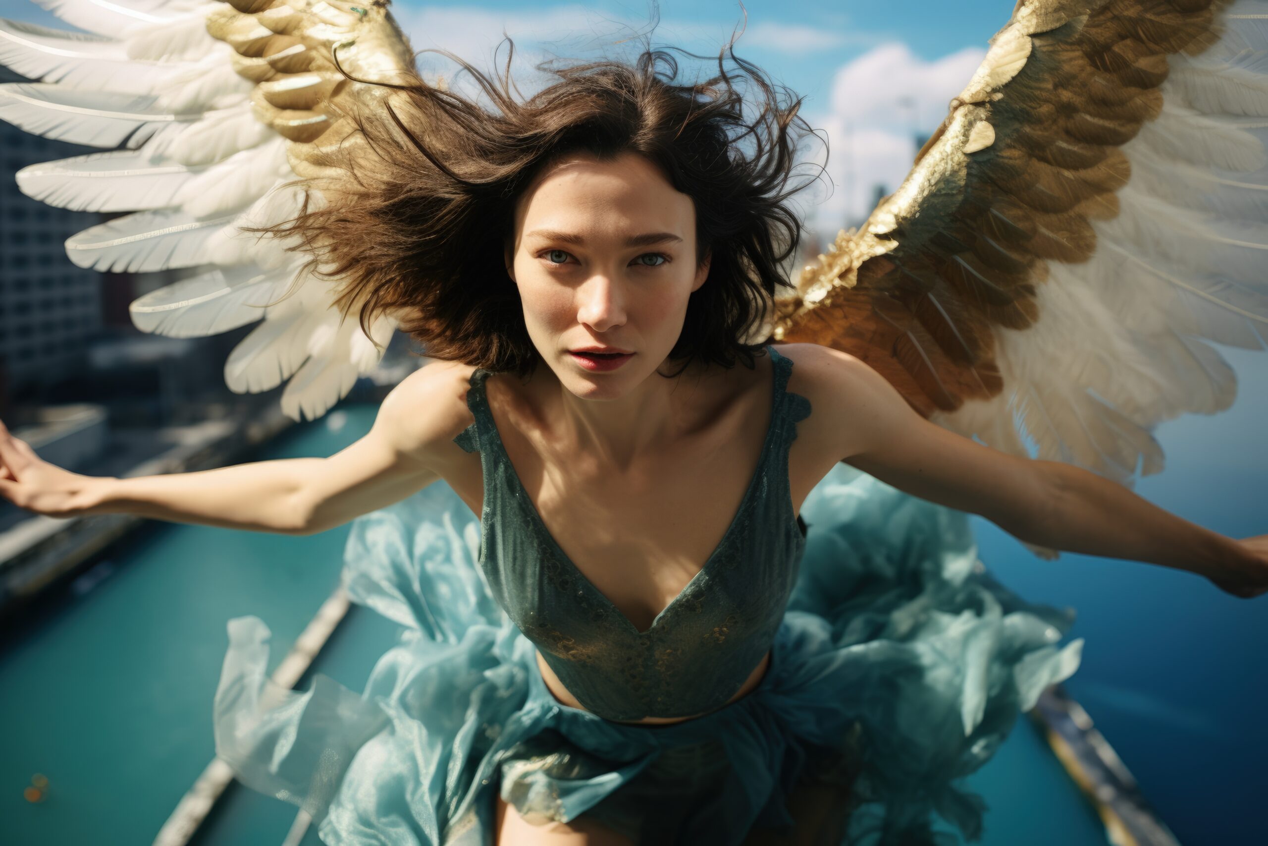 angel number 2222 - high angle woman with wings flying.