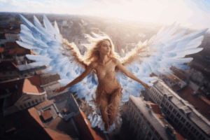 angel number 2222 - woman with wings flying.
