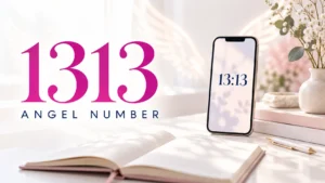 Angel number 1313 beside a phone showing 13:13 and an open journal in blush, magenta, and navy.