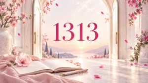 Angel number 1313 above an open journal and a sunlit doorway framed by blush blossoms.