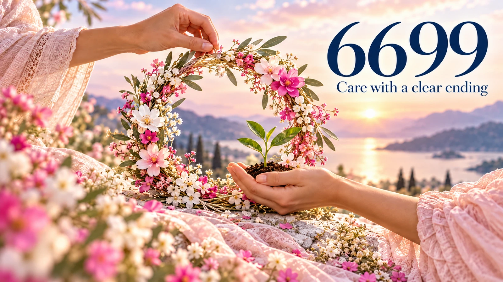 -6699- 1 6699 angel number beside hands finishing a pink floral wreath and tending a young plant, representing care with a clear ending.
