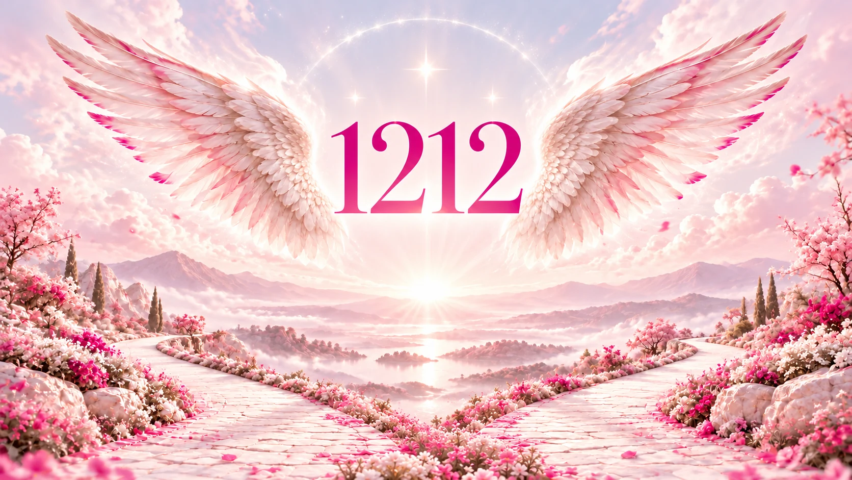 -1212- 1 1212 in magenta between white angel wings above two blush-pink paths, symbolizing new beginnings and balance.