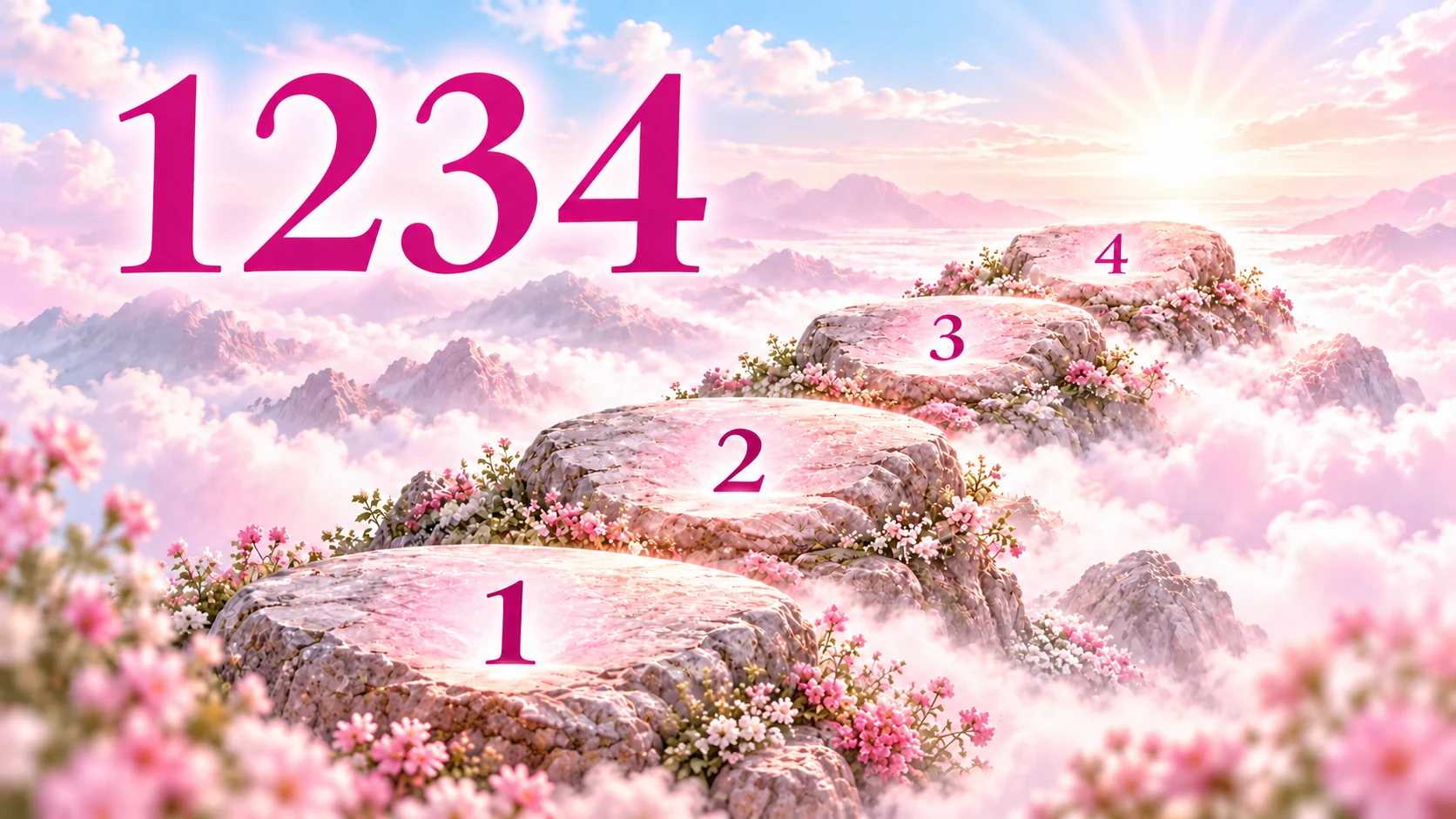 -1234- 1 1234 in magenta above four numbered stepping stones in a blush-pink landscape, symbolizing steady progress.