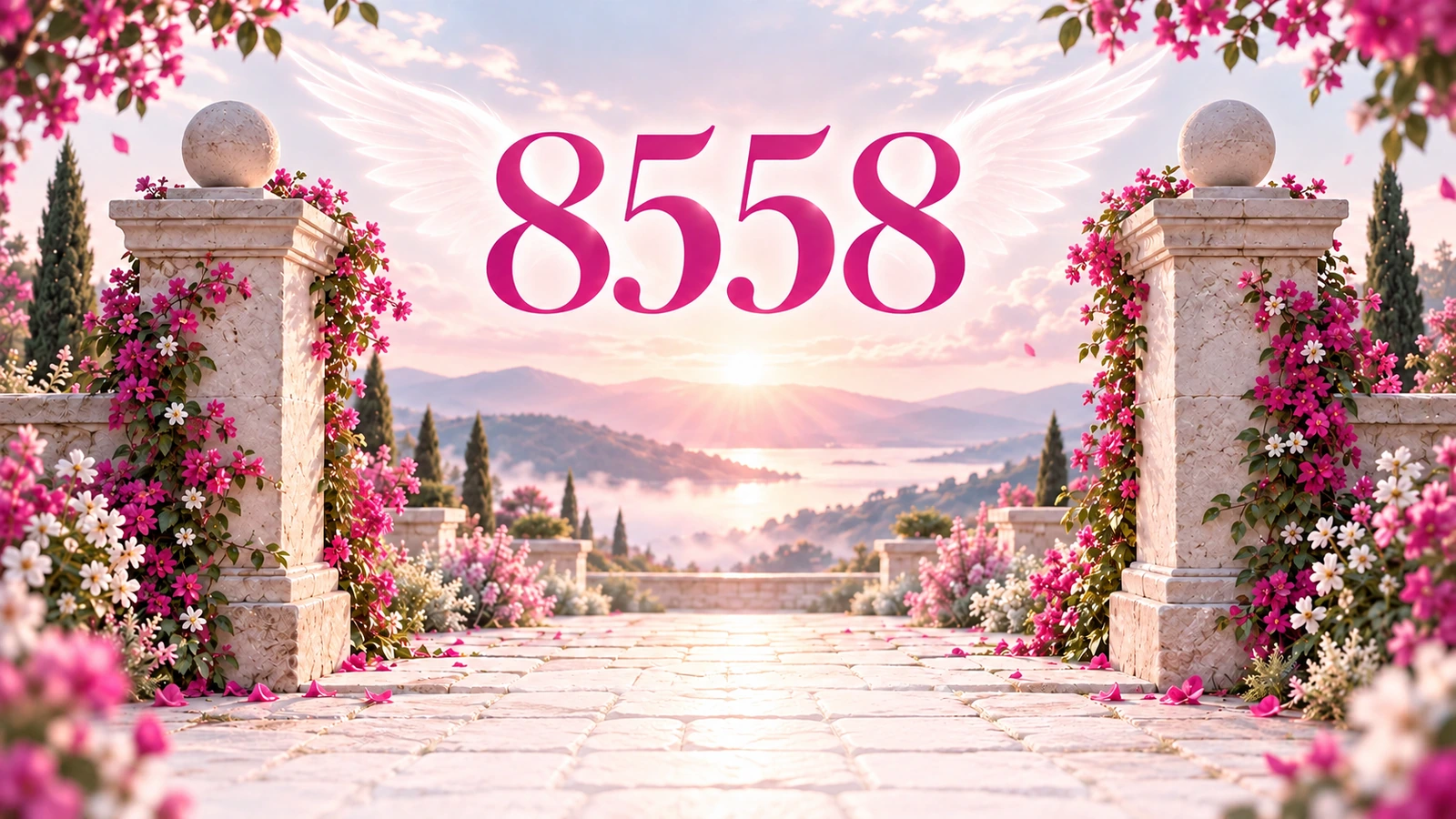 -8558- 1 8558 angel number in magenta above a blush garden path between two white stone pillars.