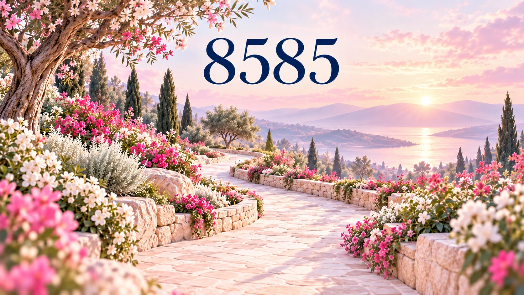 -8585- 1 8585 angel number above a winding garden path with pink flowers and soft blush light