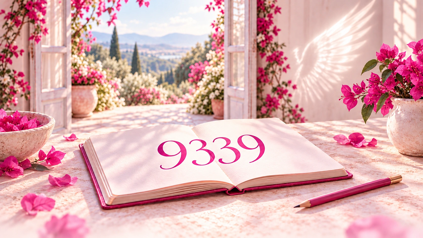-9339- 1 9339 angel number on an open journal in a soft pink garden doorway with gentle wing-shaped light