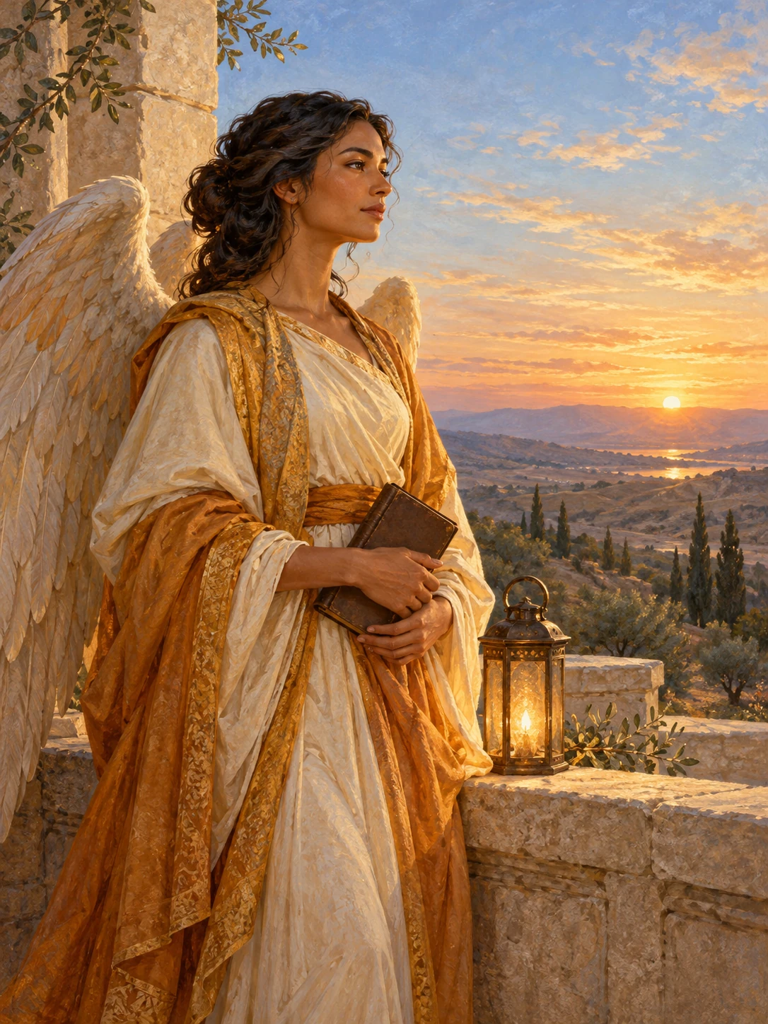 Angel Uriel: Name Meaning, Ancient Texts and Wisdom 2 Original illustration of Angel Uriel with a closed book and lantern at dawn