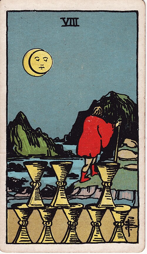 Eight of Cups Meaning: Love, Leaving, Career & Reversed 1 Eight of Cups tarot card, illustrated by Pamela Colman Smith in the original Rider–Waite–Smith deck