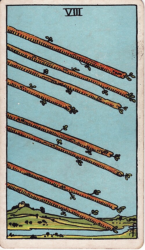Eight of Wands Meaning: Upright, Reversed, Love & Career 1 Eight of Wands tarot card, illustrated by Pamela Colman Smith in the original Rider–Waite–Smith deck