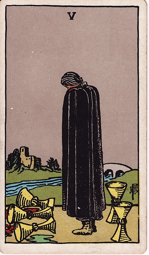 Five of Cups Meaning: Love, Loss, Career & Reversed 1 Five of Cups tarot card, illustrated by Pamela Colman Smith in the original Rider–Waite–Smith deck