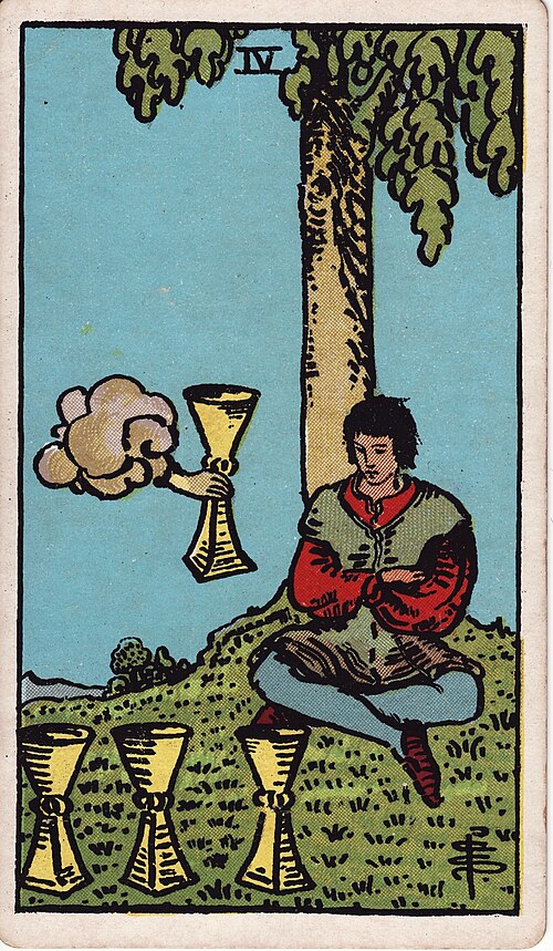 Four of Cups Meaning: Love, Career, Money & Reversed 1 Four of Cups tarot card, illustrated by Pamela Colman Smith in the original Rider–Waite–Smith deck