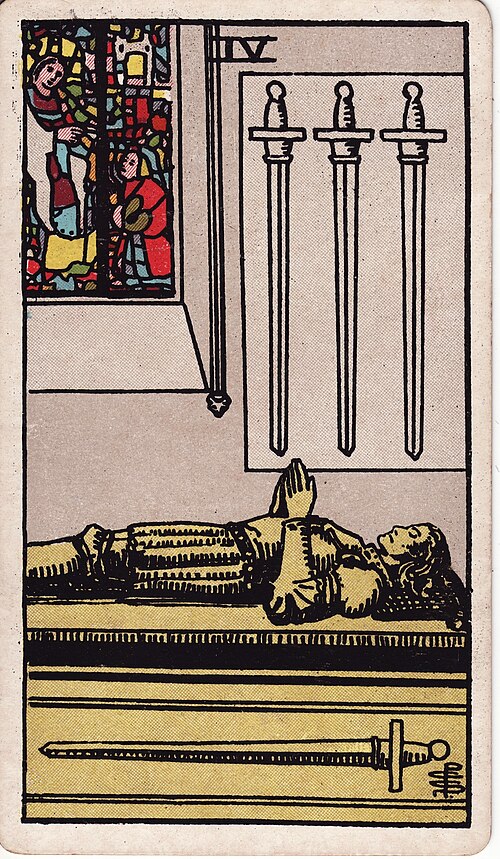 Four of Swords Meaning: Rest, Love, and Reversed 1 Four of Swords tarot card, illustrated by Pamela Colman Smith in the original Rider–Waite–Smith deck