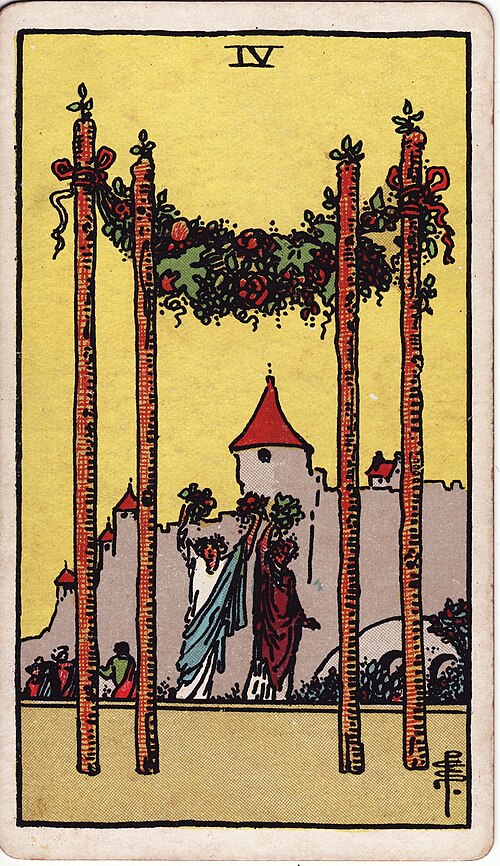 Four of Wands Meaning: Upright, Reversed, Love & Career 1 Four of Wands tarot card, illustrated by Pamela Colman Smith in the original Rider–Waite–Smith deck