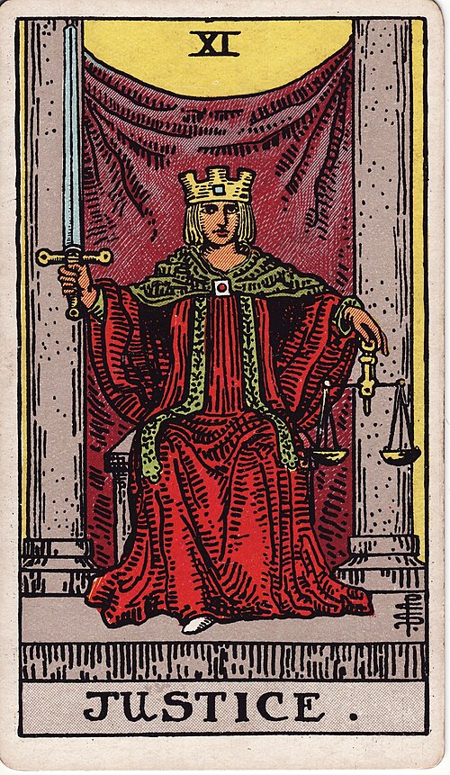 Justice Tarot Card Meaning: Love, Career & Finances 1 Justice tarot card, illustrated by Pamela Colman Smith in the original Rider–Waite–Smith deck
