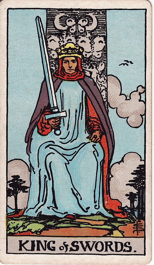 King of Swords Meaning: Judgment, Love, and Reversed 1 King of Swords tarot card, illustrated by Pamela Colman Smith in the original Rider–Waite–Smith deck