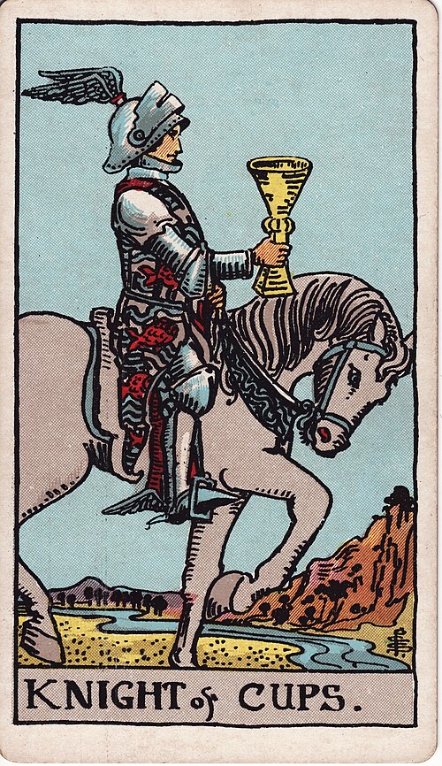 Knight of Cups Meaning: Love, Romance, Career & Reversed 1 Knight of Cups tarot card, illustrated by Pamela Colman Smith in the original Rider–Waite–Smith deck