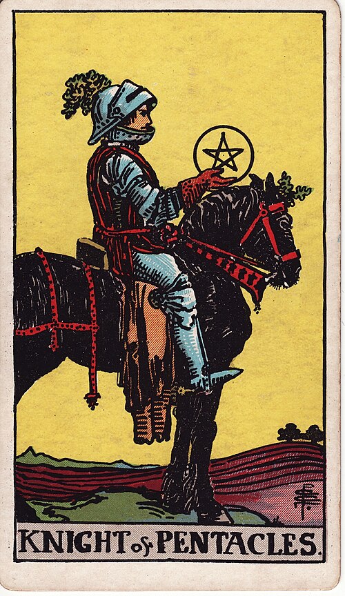Knight of Pentacles Meaning: Love, Work & Reliability 1 Knight of Pentacles tarot card, illustrated by Pamela Colman Smith in the original Rider–Waite–Smith deck