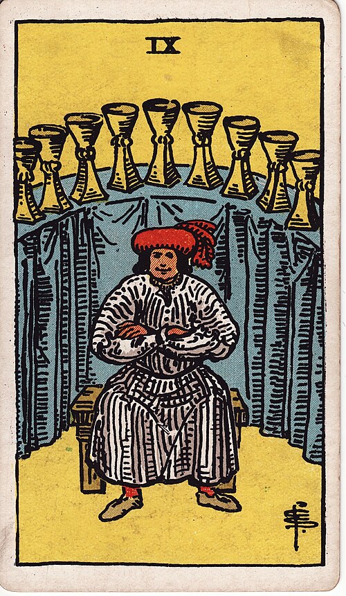 Nine of Cups Meaning: Love, Wishes, Career & Reversed 1 Nine of Cups tarot card, illustrated by Pamela Colman Smith in the original Rider–Waite–Smith deck