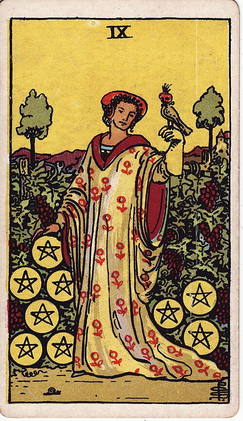 Nine of Pentacles Meaning: Love, Money & Independence 1 Nine of Pentacles tarot card, illustrated by Pamela Colman Smith in the original Rider–Waite–Smith deck