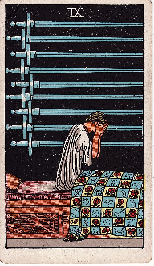 Nine of Swords Meaning: Worry, Love, and Reversed 1 Nine of Swords tarot card, illustrated by Pamela Colman Smith in the original Rider–Waite–Smith deck
