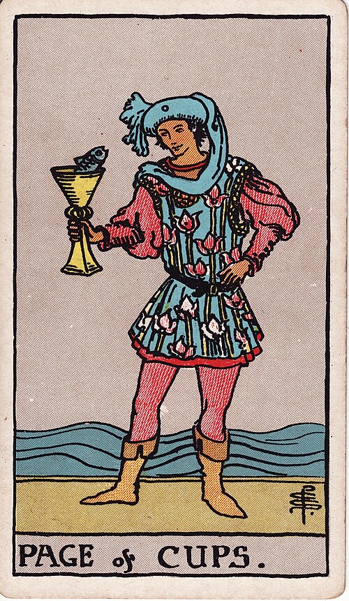 Page of Cups Meaning: Love, Messages, Career & Reversed 1 Page of Cups tarot card, illustrated by Pamela Colman Smith in the original Rider–Waite–Smith deck