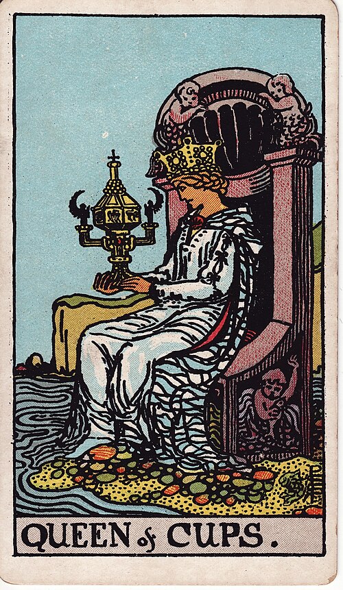 Queen of Cups Meaning: Love, Empathy, Career & Reversed 1 Queen of Cups tarot card, illustrated by Pamela Colman Smith in the original Rider–Waite–Smith deck