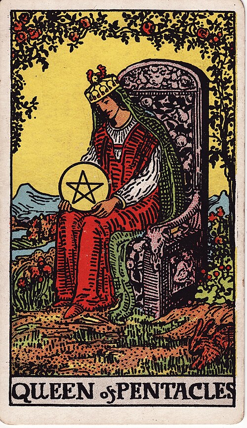 Queen of Pentacles Meaning: Love, Work & Practical Care 1 Queen of Pentacles tarot card, illustrated by Pamela Colman Smith in the original Rider–Waite–Smith deck