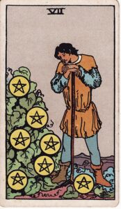 Tarot Card Meanings: All 78 Cards 71 Seven of Pentacles tarot card