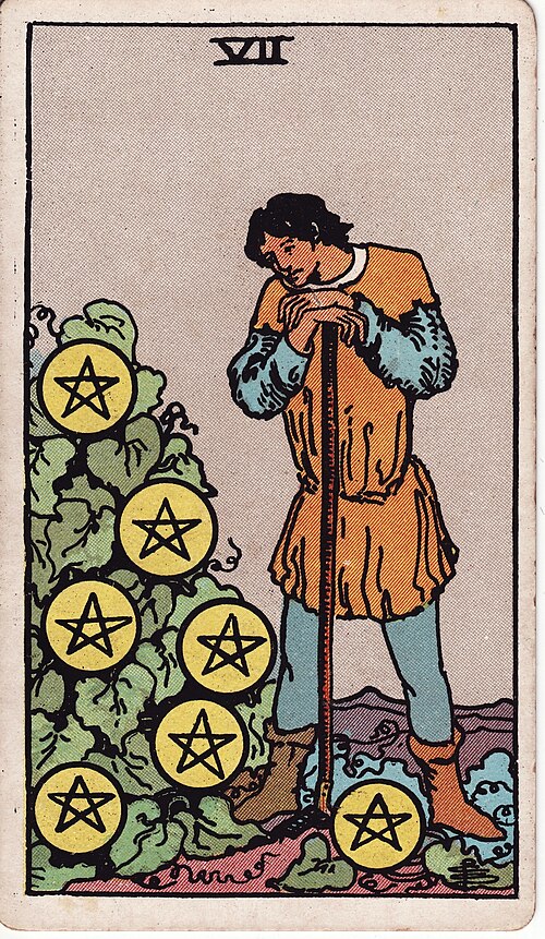 Seven of Pentacles Meaning: Love, Work & Patience 1 Seven of Pentacles tarot card, illustrated by Pamela Colman Smith in the original Rider–Waite–Smith deck