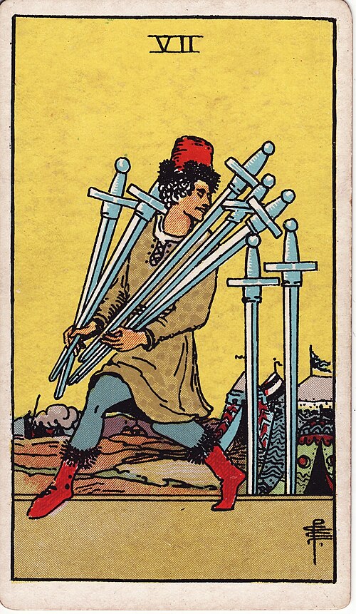 Seven of Swords Meaning: Strategy, Love, and Reversed 1 Seven of Swords tarot card, illustrated by Pamela Colman Smith in the original Rider–Waite–Smith deck