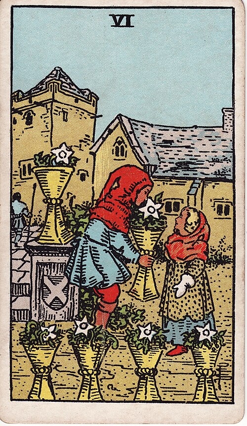 Six of Cups Meaning: Love, Nostalgia, Career & Reversed 1 Six of Cups tarot card, illustrated by Pamela Colman Smith in the original Rider–Waite–Smith deck
