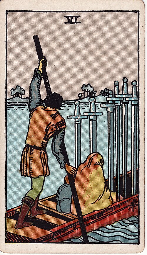 Six of Swords Meaning: Transition, Love, and Reversed 1 Six of Swords tarot card, illustrated by Pamela Colman Smith in the original Rider–Waite–Smith deck