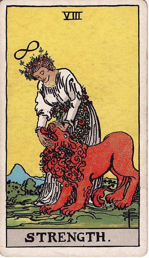 Strength Tarot Card Meaning: Love, Courage & Reversed 1 Strength tarot card, illustrated by Pamela Colman Smith in the original Rider–Waite–Smith deck