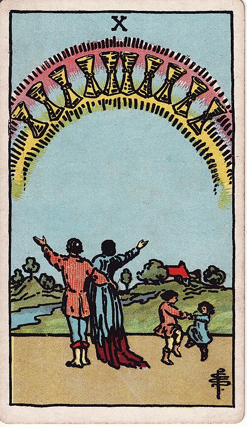Ten of Cups Meaning: Love, Family, Career & Reversed 1 Ten of Cups tarot card, illustrated by Pamela Colman Smith in the original Rider–Waite–Smith deck
