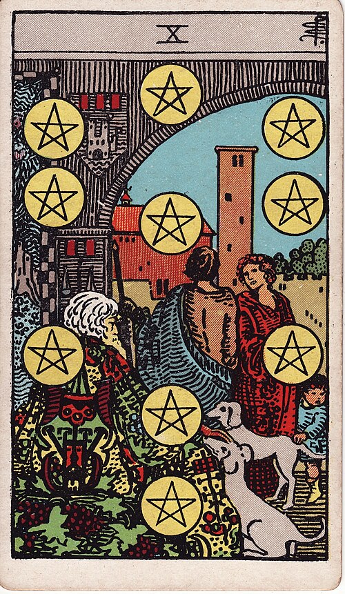 Ten of Pentacles Meaning: Love, Family & Legacy 1 Ten of Pentacles tarot card, illustrated by Pamela Colman Smith in the original Rider–Waite–Smith deck