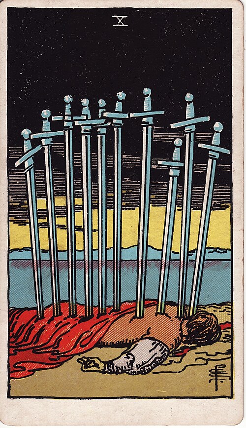 Ten of Swords Meaning: Endings, Love, and Reversed 1 Ten of Swords tarot card, illustrated by Pamela Colman Smith in the original Rider–Waite–Smith deck