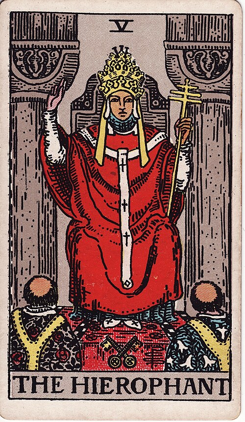 The Hierophant Tarot Meaning: Love, Values & Reversed 1 The Hierophant tarot card, illustrated by Pamela Colman Smith in the original Rider–Waite–Smith deck