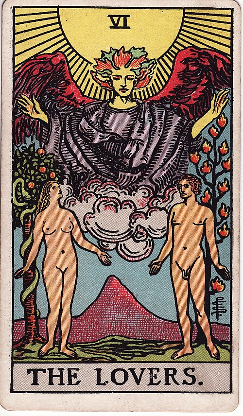 The Lovers Tarot Card Meaning: Love, Choices & Reversed 1 The Lovers tarot card, illustrated by Pamela Colman Smith in the original Rider–Waite–Smith deck