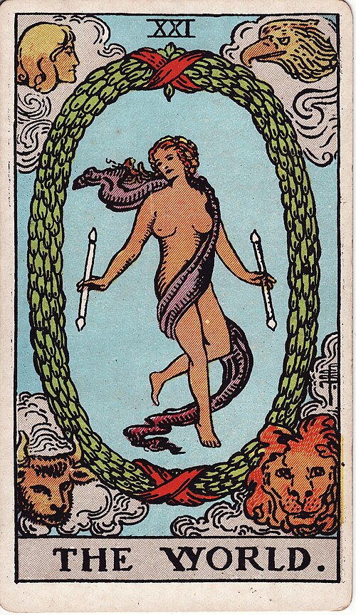 The World Tarot Card Meaning: Love, Career & Completion 1 The World tarot card, illustrated by Pamela Colman Smith in the original Rider–Waite–Smith deck