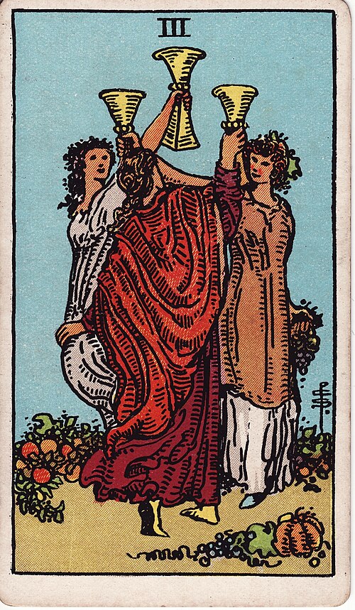 Three of Cups Meaning: Love, Friendship, Career & Reversed 1 Three of Cups tarot card, illustrated by Pamela Colman Smith in the original Rider–Waite–Smith deck