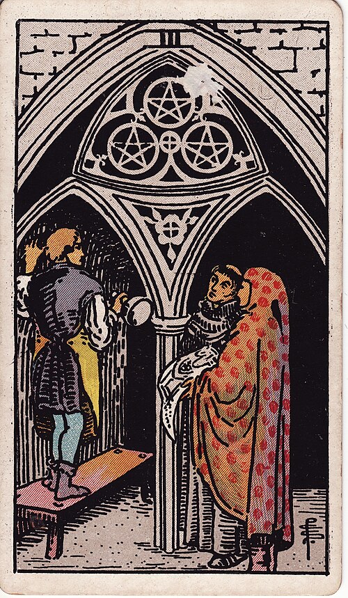 Three of Pentacles Meaning: Love, Work & Teamwork 1 Three of Pentacles tarot card, illustrated by Pamela Colman Smith in the original Rider–Waite–Smith deck