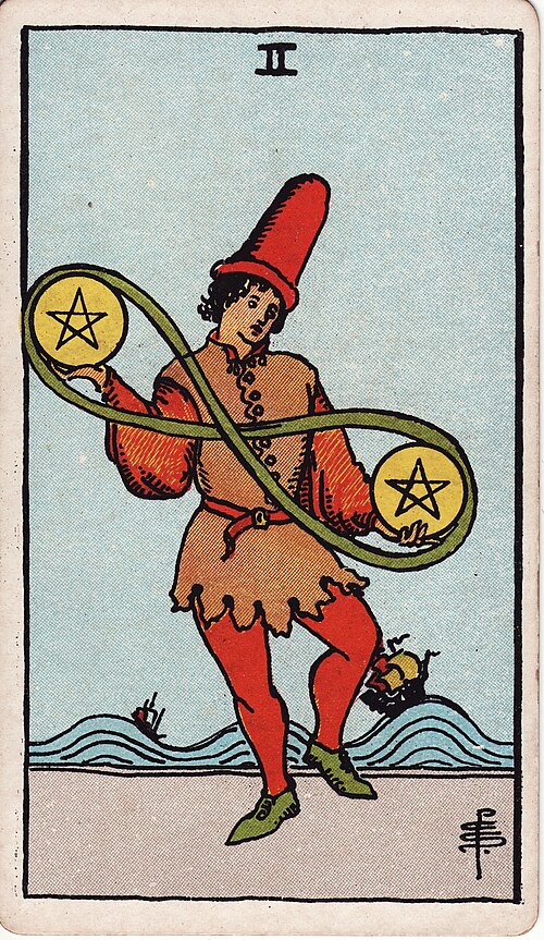 Two of Pentacles Meaning: Love, Career & Balance 1 Two of Pentacles tarot card, illustrated by Pamela Colman Smith in the original Rider–Waite–Smith deck